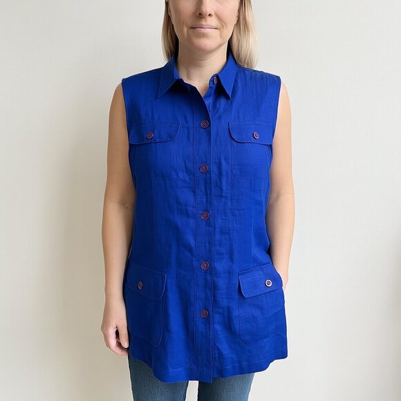 Casual Corner Womens Blue 100% linen Tunic button down vest Plus Size 14 - Picture 1 of 7